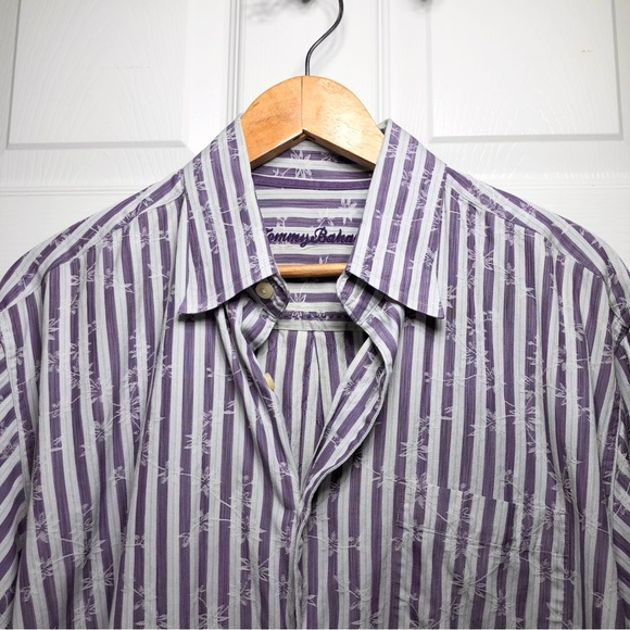 Tommy Bahama Cotton Silk Blend Purple White Palm Embroidered Button Up Shirt L - Picture 2 of 12